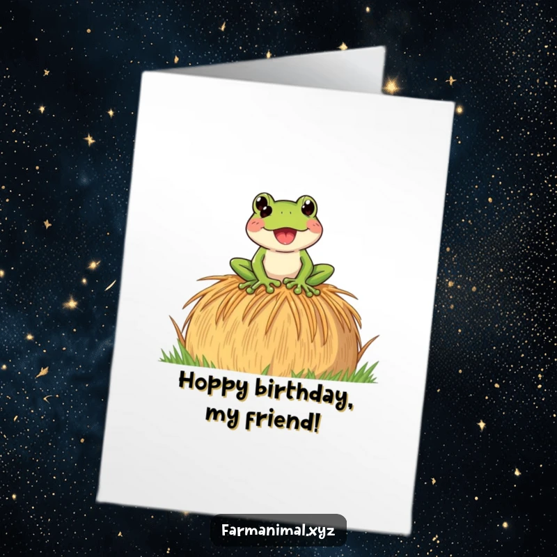 Funny Free Printable Birthday Card featuring a playful frog croaking loudly while sitting on a hay bale, wishing a happy birthday.