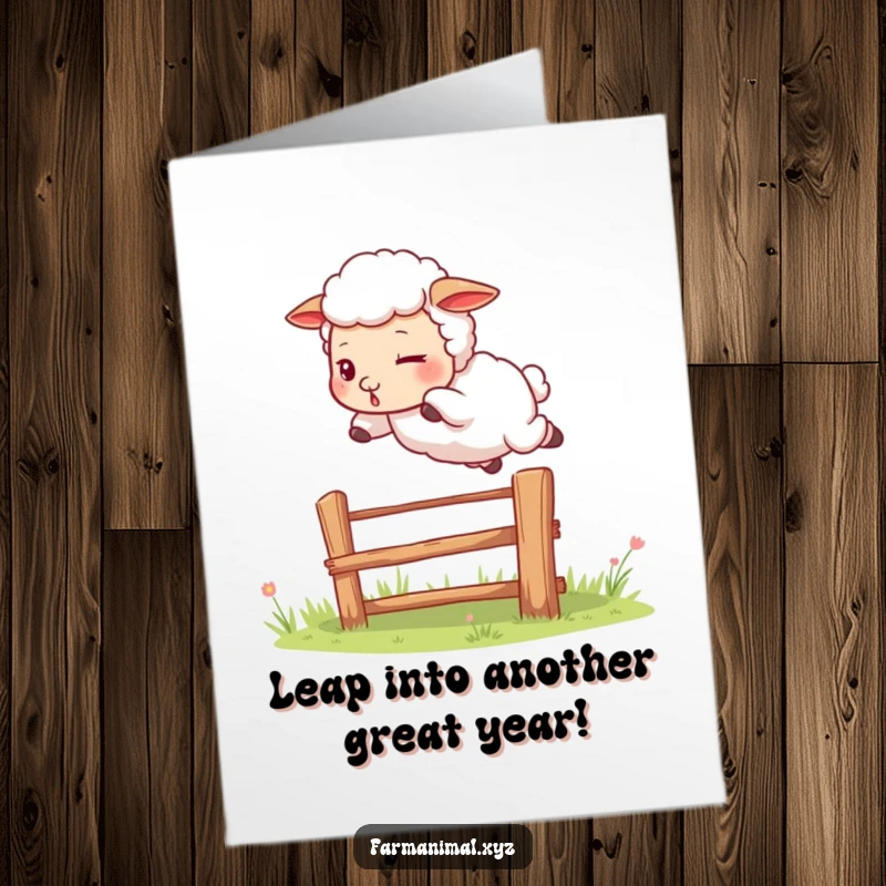 Funny Free Printable Sheep Birthday Card: A determined sheep leaping over a fence, celebrating with energetic birthday spirit.