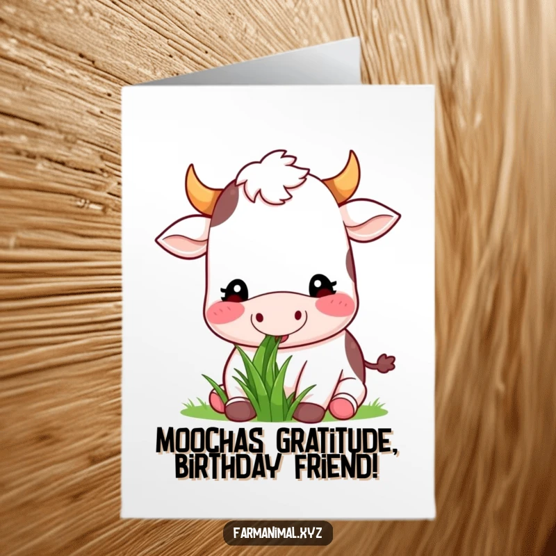 Funny Free Printable Birthday Card: Happy cow munches grass contentedly, sending happy birthday greetings.