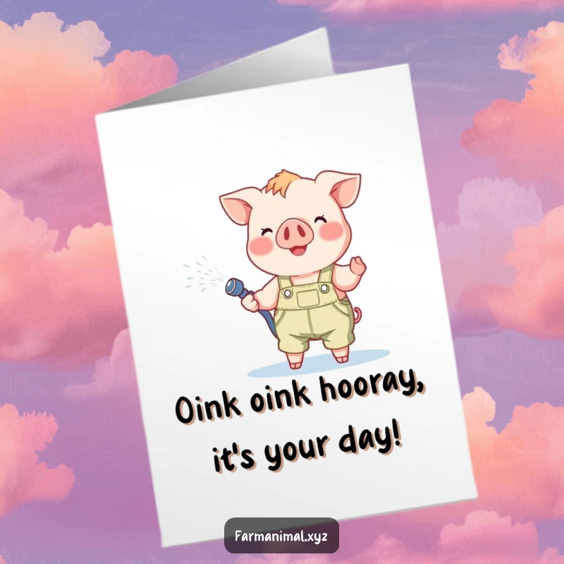 Funny Free Printable Piglet Birthday Card: A cheerful piglet in overalls sprays water, wishing a happy birthday with a playful splash.