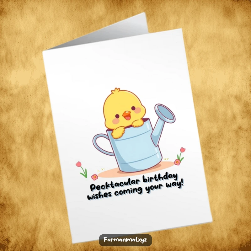 Funny Free Printable Birthday Card: Cheerful chick pecking a giant watering can, celebrating with joy.