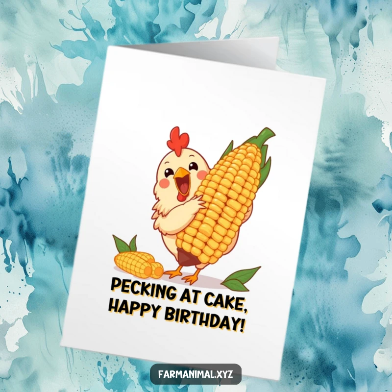 Funny Free Printable Birthday Card: A cheerful chicken excitedly pecking at a giant corn cob.