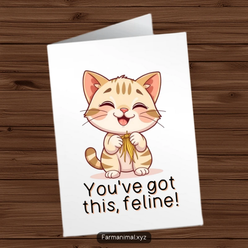 Funny Free Printable Congratulations Card showing a smiling barn cat batting playfully at hay, celebrating achievements with feline grace.