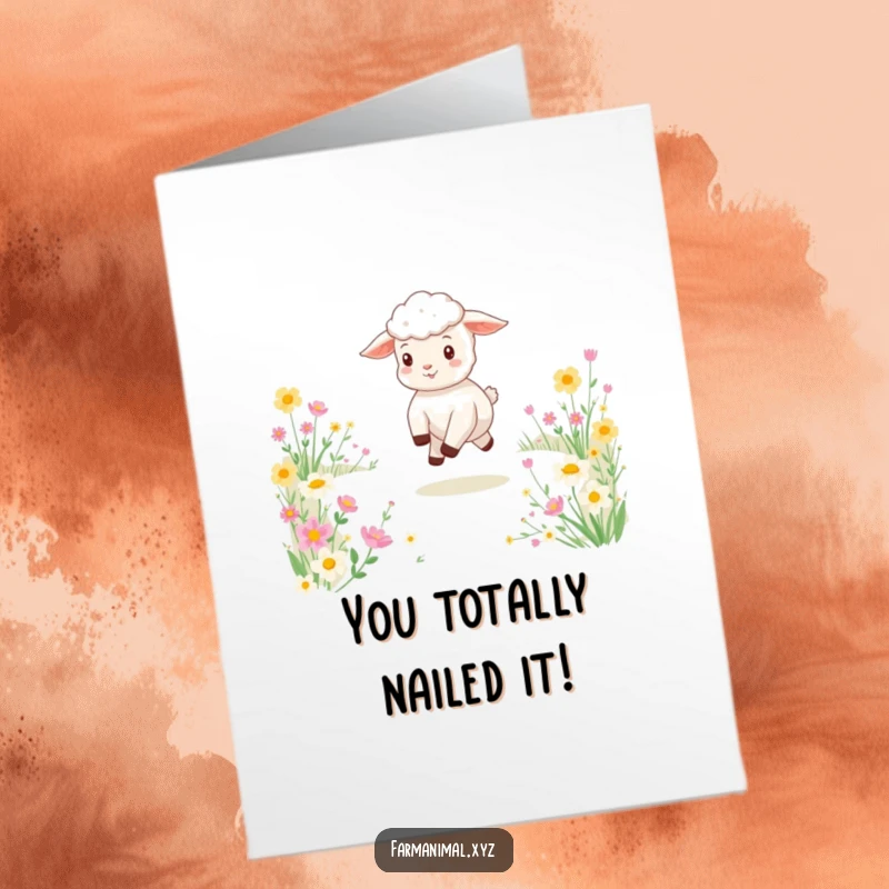 Funny Free Printable Congratulations Card showcasing a happy lamb leaping through a flowery meadow, celebrating achievements.