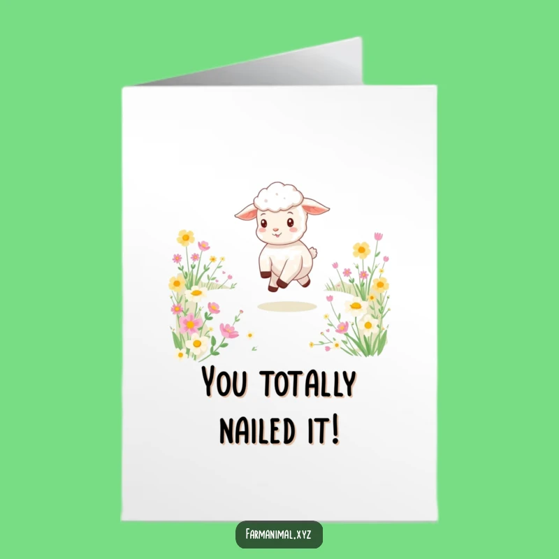 Free Printable Congrats Card: Cheerful Lamb Flower Field - Downloadable Success Greeting