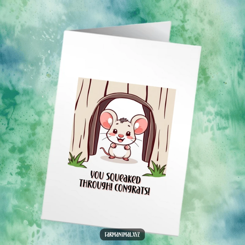 Funny Free Printable Congratulations Card with a cheerful mouse peeking from a barn doorway, celebrating a special achievement.