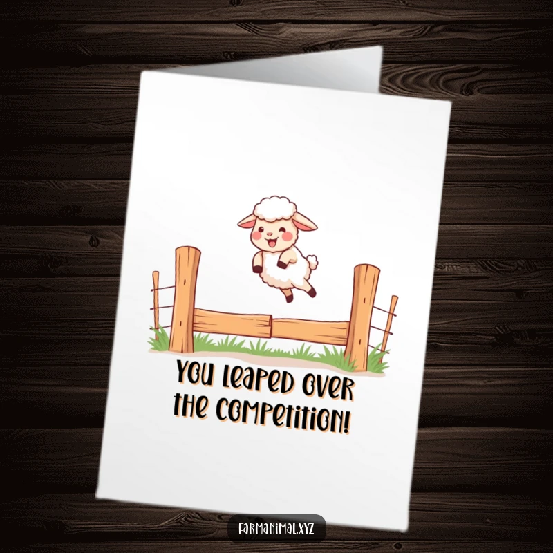 Funny Free Printable Congrats Card: Determined sheep energetically jumping over a fence with a giggle, celebrating a major success.
