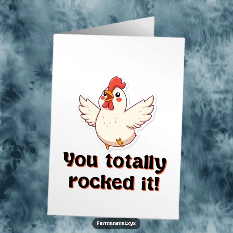 Funny Free Printable Congrats Card: A chicken flapping its wings vigorously, conveying excitement and celebration.