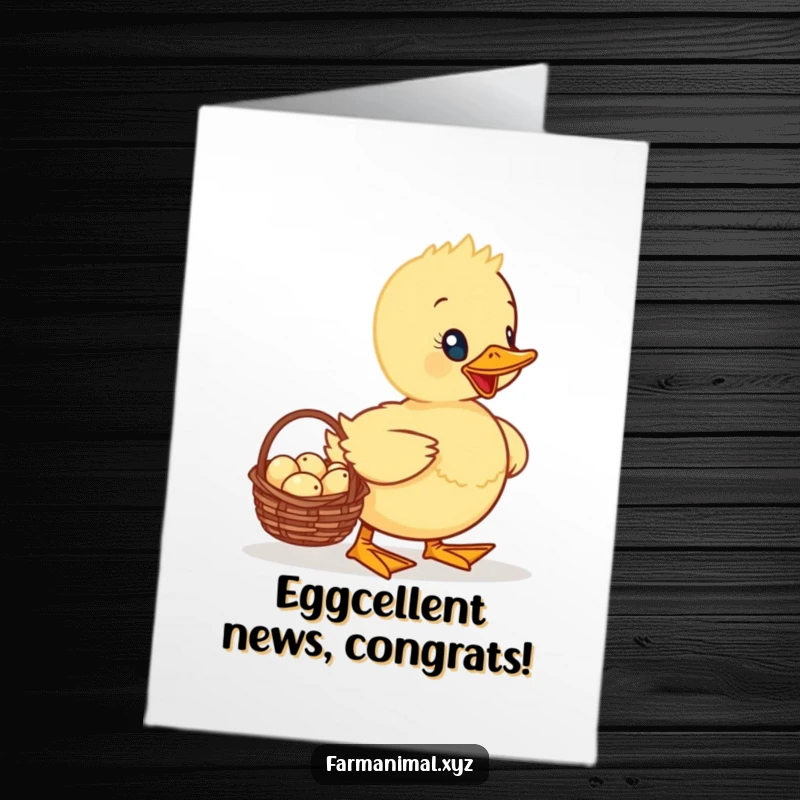 Funny Free Printable Congratulations Card: Proud duckling carrying a basket of tiny eggs, a delightful and humorous downloadable greeting.