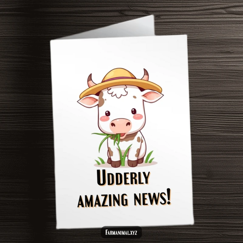 Funny Free Printable Congrats Card: A cow in a straw hat happily chewing grass, a peaceful celebration of success.