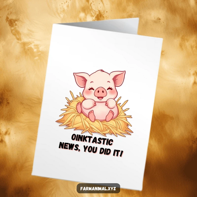 Funny Free Printable Congrats Card: Cute piglet joyfully rolling in straw, celebrating their wonderful news.