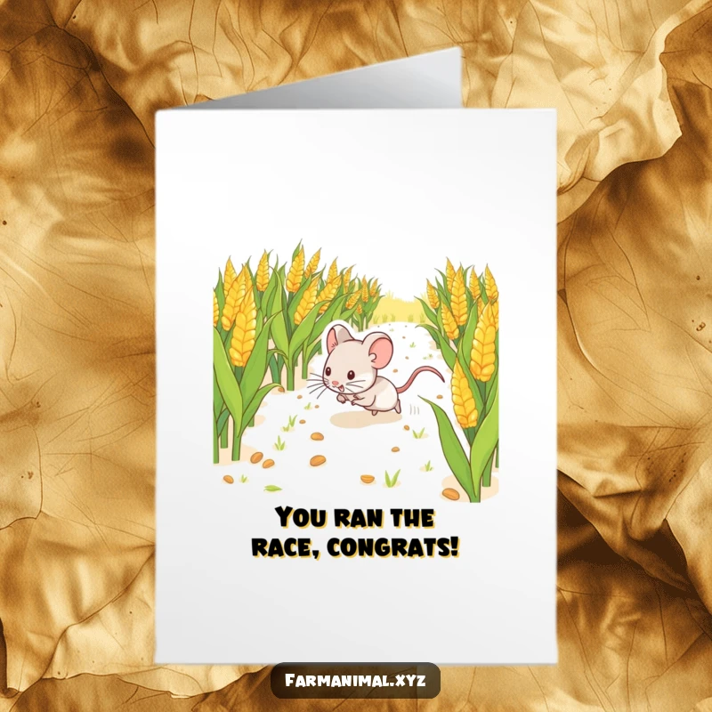 Free Printable Congratulations Card: A tiny mouse happily scurrying through a cornfield, symbolizing a successful quest.