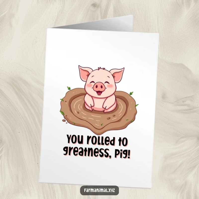 Funny Free Printable Congrats Card: A delighted pig rolling in a heart-shaped mud puddle with glee.