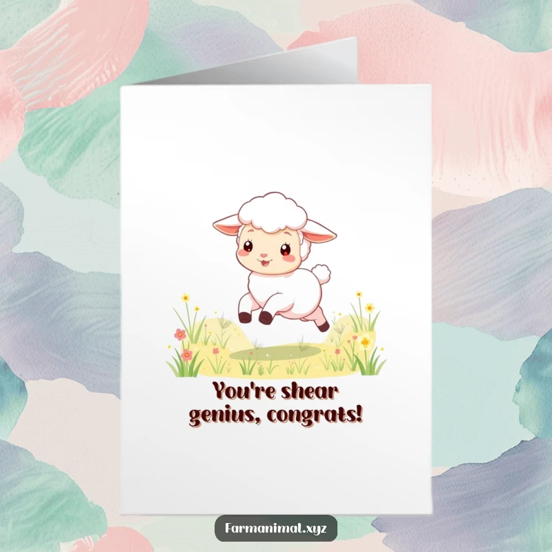 Free printable congratulations card featuring a playful lamb skipping through a meadow, celebrating happy news.