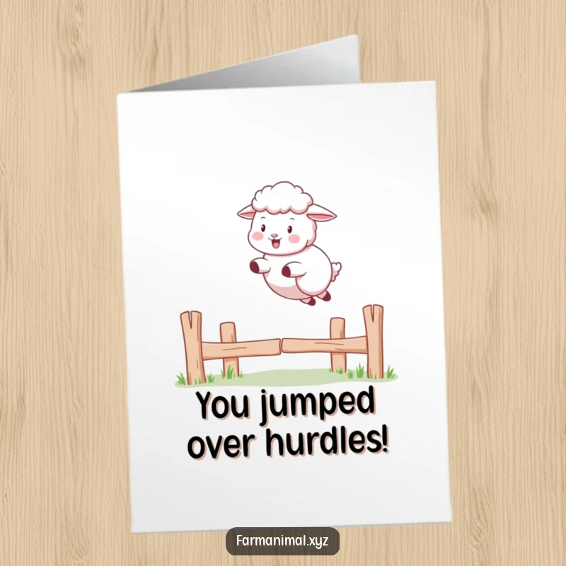 Funny Free Printable Congrats Card: A sheep playfully jumping over a fence, symbolizing success and overcoming hurdles.
