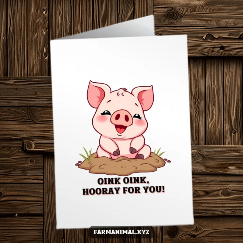 Funny Free Printable Congratulations Card: Cheerful piglet smiles while rolling in mud, celebrating momentous occasions.