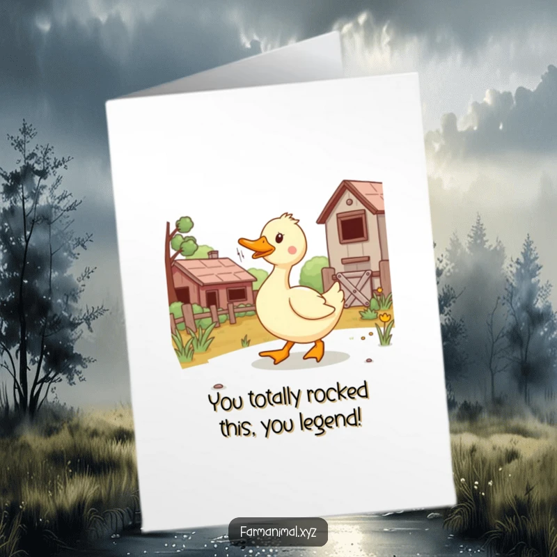 Funny Free Printable Congratulations Card showing a duck waddling gleefully across a farmyard, celebrating a momentous achievement.