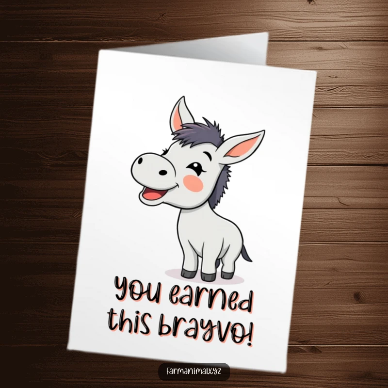 Funny free printable congratulations card: A donkey joyfully braying, expressing loud and proud congratulations.