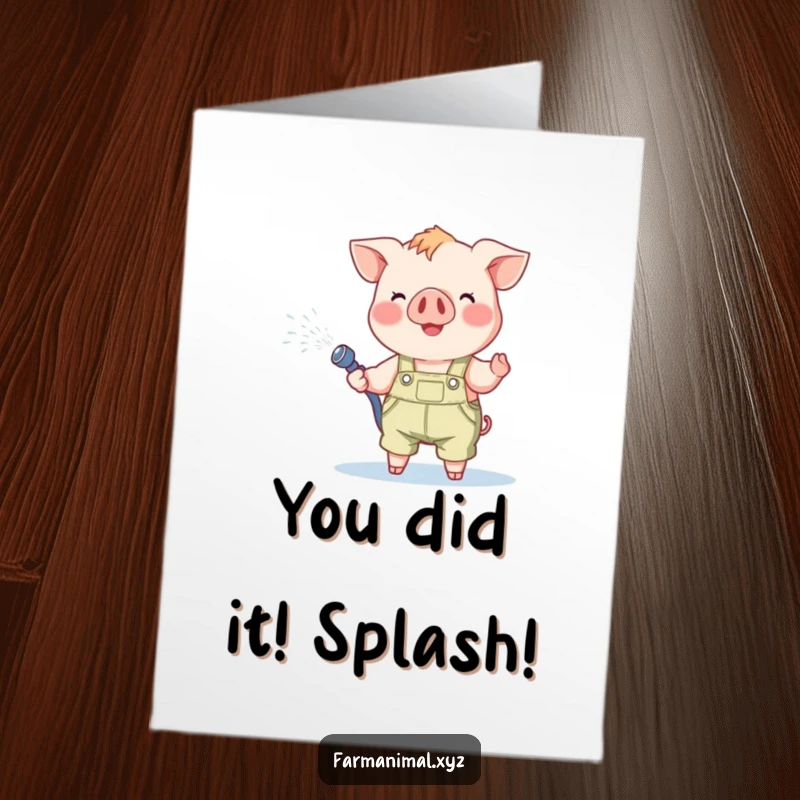 Funny Free Printable Piglet Congratulations Card: A joyous piglet in overalls sprays water, celebrating success with a watery cheer.