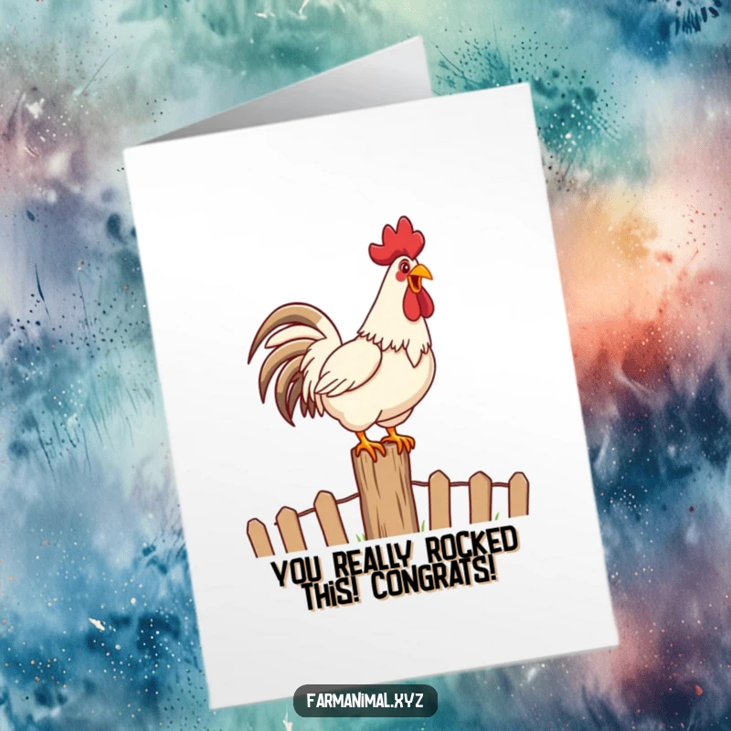 Funny Free Printable Congratulations Card: A rooster proudly crows from a fence post, celebrating an achievement with a loud, joyful announcement.