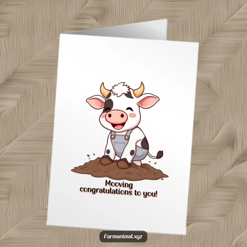 Funny Free Printable Congrats Card: Happy cow in overalls stomping in mud, celebrating success with glee.