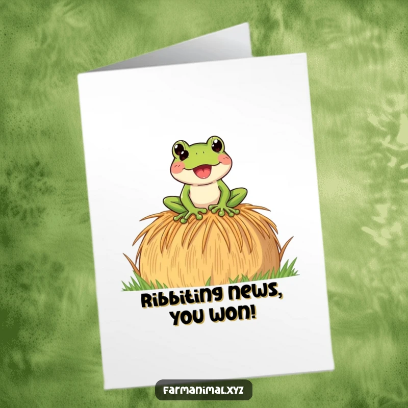 Funny Free Printable Congratulations Card showing a playful frog croaking loudly on a hay bale, celebrating their success with gusto.