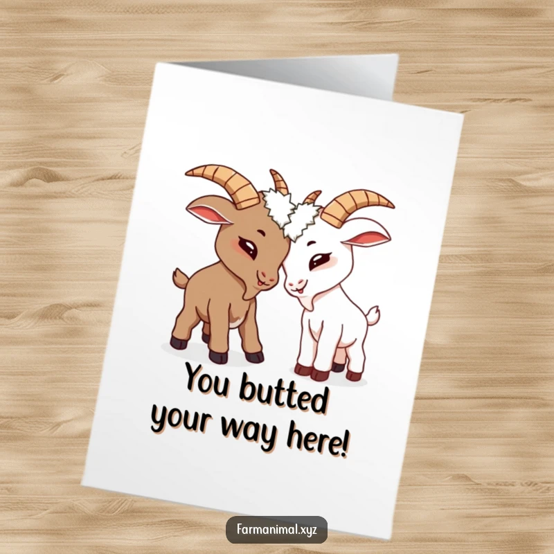 Funny free printable congratulations card: Two silly goats playfully butting heads, symbolizing a triumphant achievement.