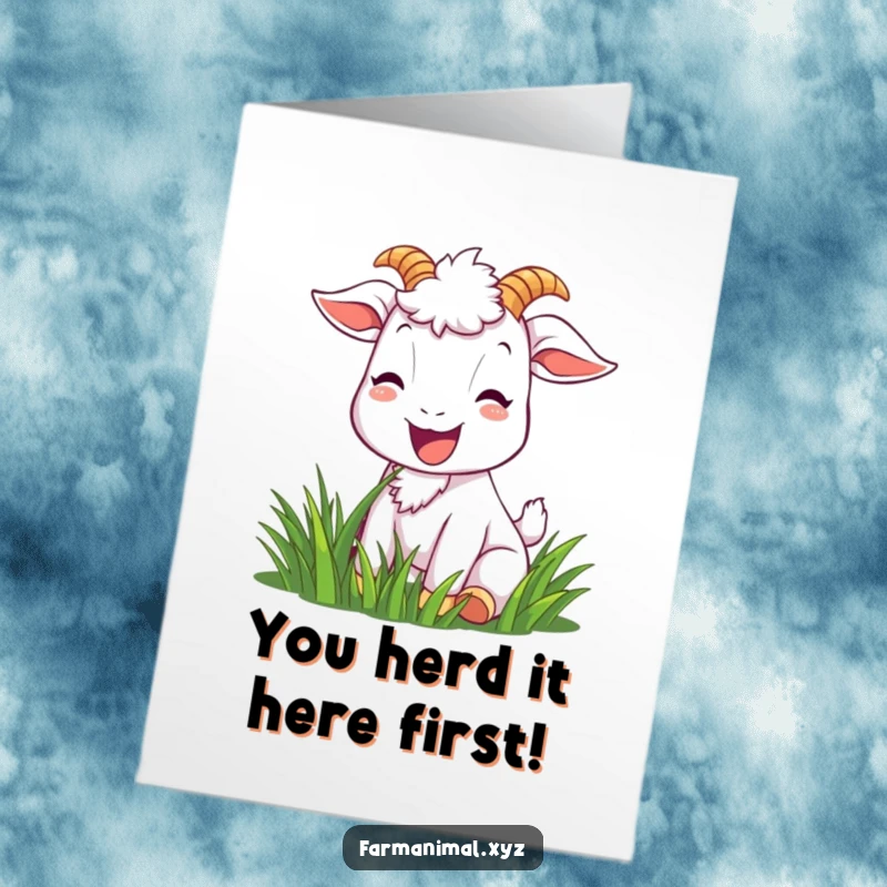 Funny Free Printable Congratulations Card: Joyful goat munching grass with a bright smile, celebrating success, downloadable art.