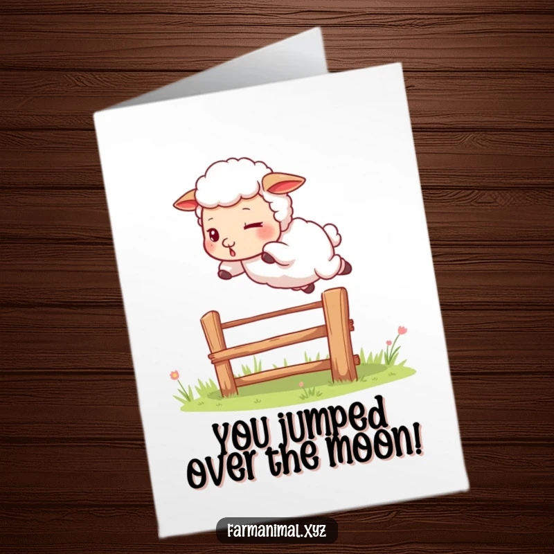 Funny Free Printable Sheep Congratulations Card: A sheep energetically leaping a fence, marking a joyous achievement with humor.