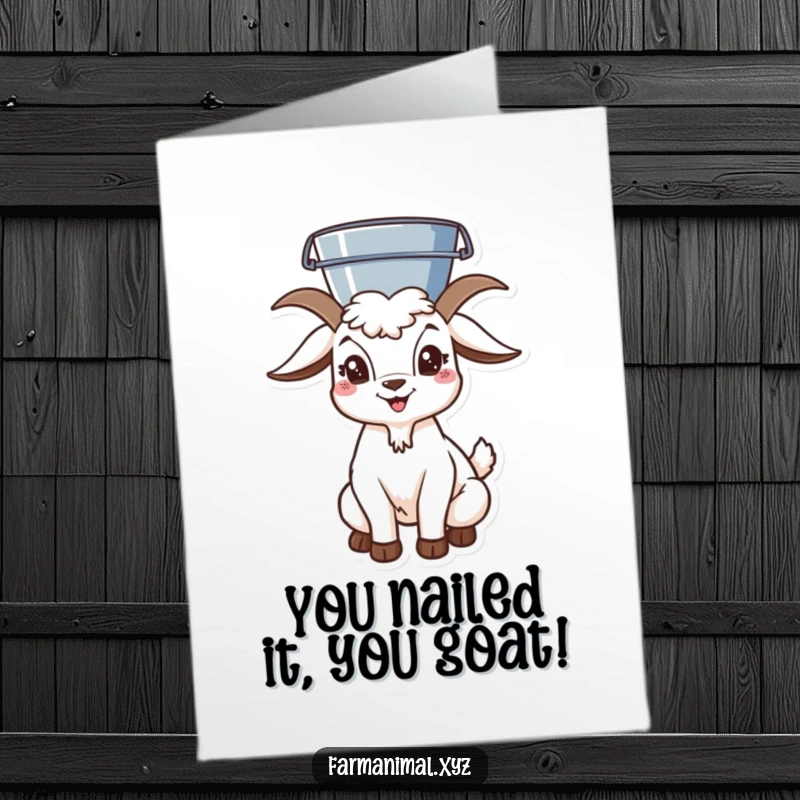 Funny Free Printable Congrats Card: A playful goat stands tall, expertly balancing a bucket on its head, symbolizing a great accomplishment. Print today!