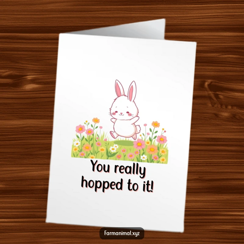 Funny Free Printable Congratulations Card: Fluffy bunny hopping through wildflowers, celebrating success, downloadable art.