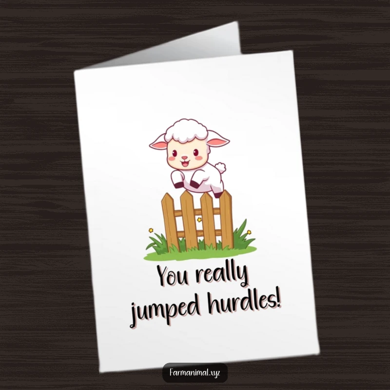 Funny Free Printable Congrats Card: Playful lamb leaping over a garden fence, celebrating a big win with enthusiasm.