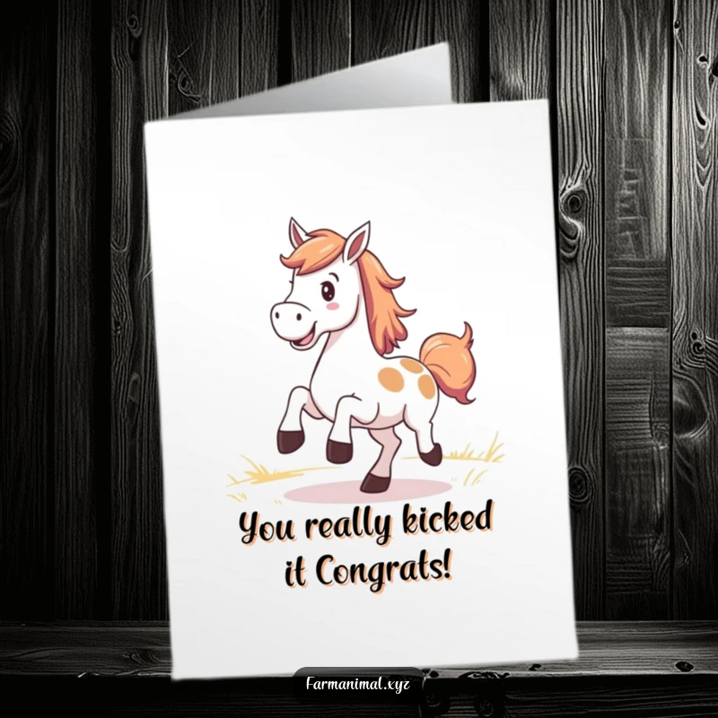 Funny Free Printable Congratulations Card: A cheerful horse kicks up its heels in a pasture, celebrating a fantastic accomplishment with pure joy.