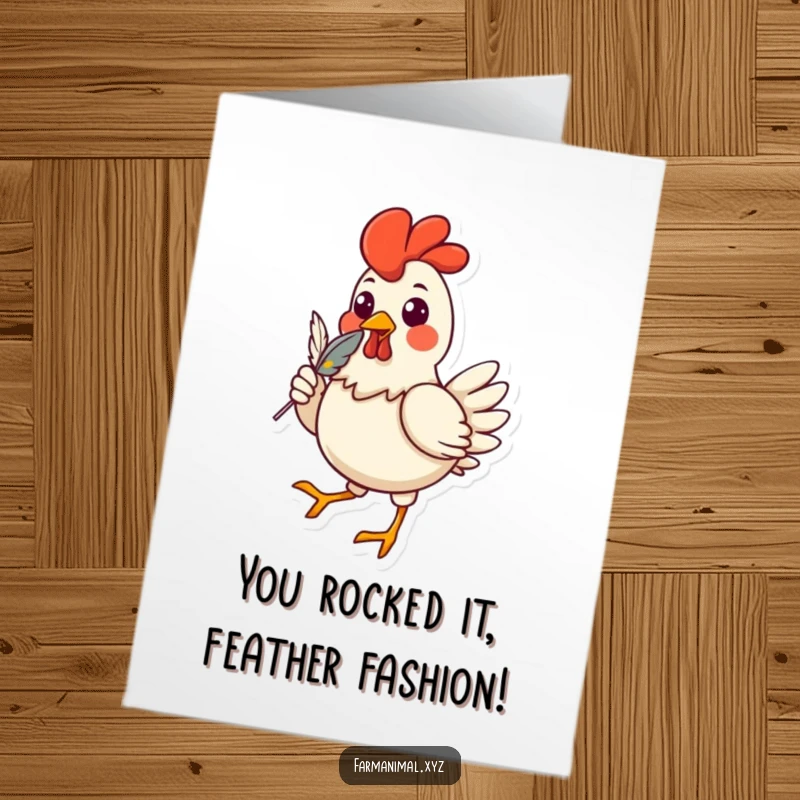 Funny free printable congratulations card featuring a proud chicken strutting with a feather, celebrating a big win.