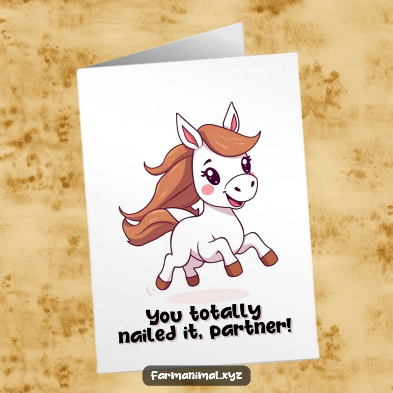 Funny Free Printable Horse Congratulations Card: Energetic horse character galloping with pure joy, celebrating a big win.