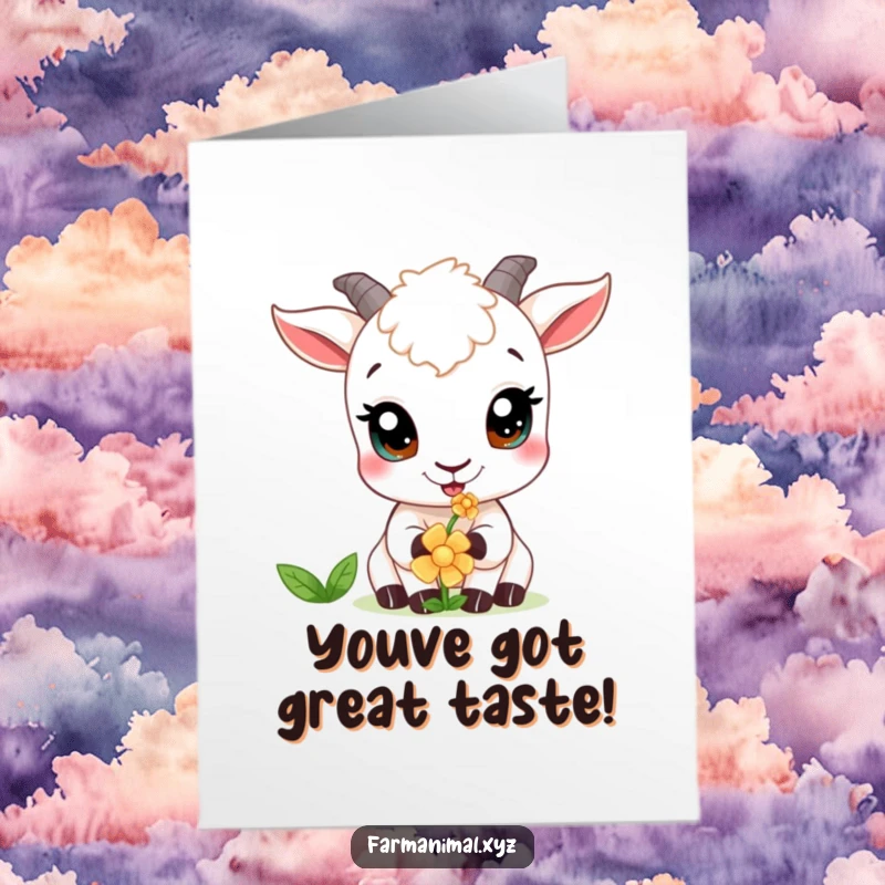 Funny Free Printable Goat Congratulations Card: Curious goat with wide eyes nibbling a flower, celebrating success.