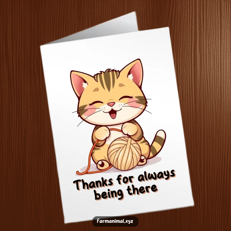 Funny Free Printable Thank You Card: A cute barn cat playfully bats at a ball of yarn, sending a delightful thank you.