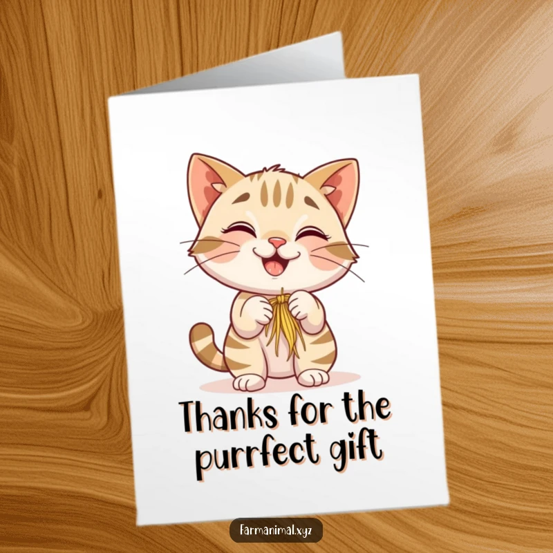 Funny Free Printable Thank You Card of a smiling barn cat playfully batting at a piece of hay, conveying warm thanks.