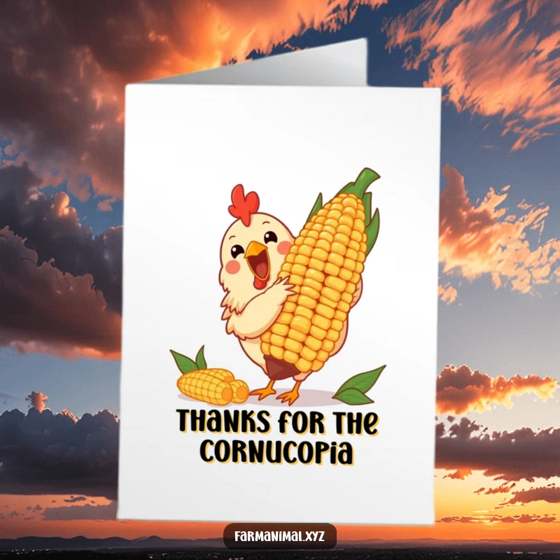 Funny Free Printable Thank You Card: A chicken excitedly pecking at a giant corn cob to show thanks.