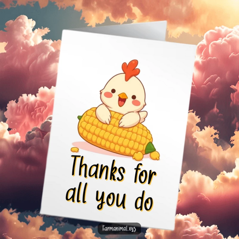 Funny Free Printable Thank You Card: Happy chicken excitedly pecking at a huge corn cob, expressing thanks with farmyard joy.