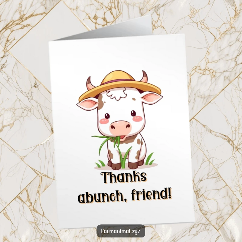 Funny Free Printable Thank You Card: A cow wearing a straw hat, contentedly chewing grass, a rural thank you design.