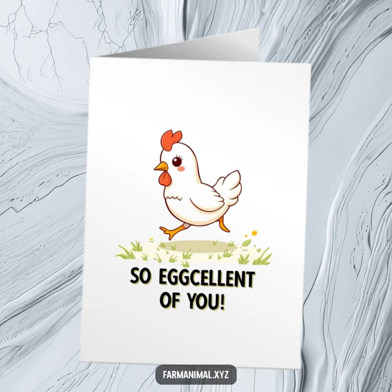 Funny Free Printable Thank You Card: Kawaii chicken gallops across a field, expressing thanks with a happy stride.