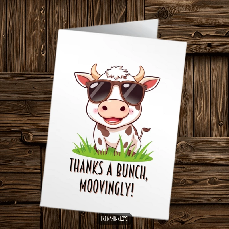 Funny Free Printable Thank You Card depicting a cow in sunglasses, a unique downloadable way to say thanks.