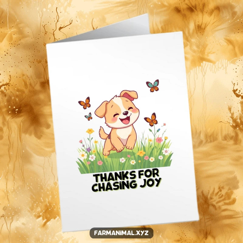 Funny free printable thank you card: A happy dog chasing butterflies, representing boundless gratitude and joy.