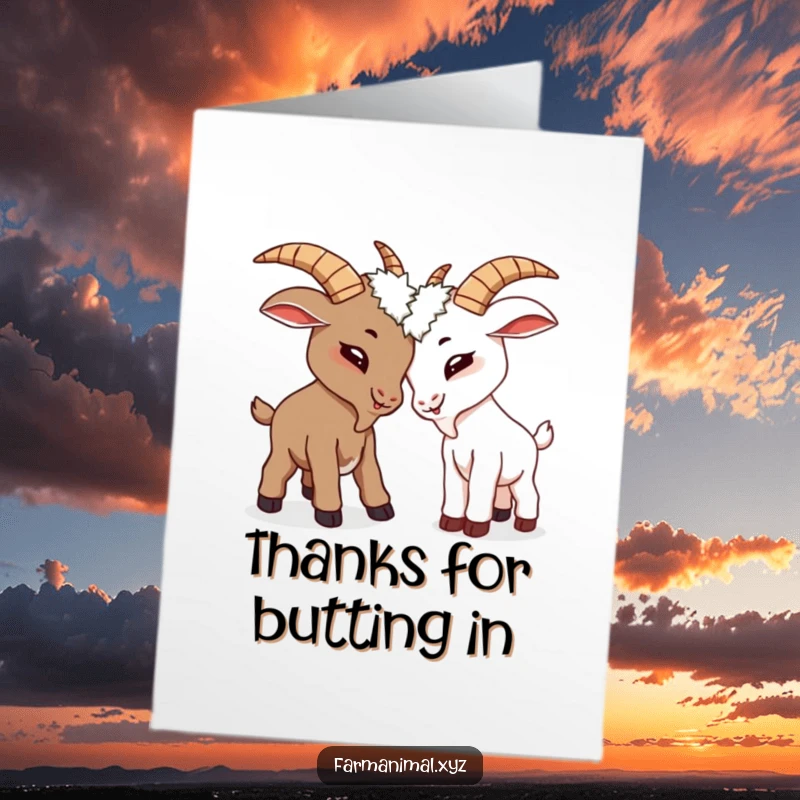 Funny free printable thank you card: Two goofy goats hilariously butting heads to express heartfelt gratitude.