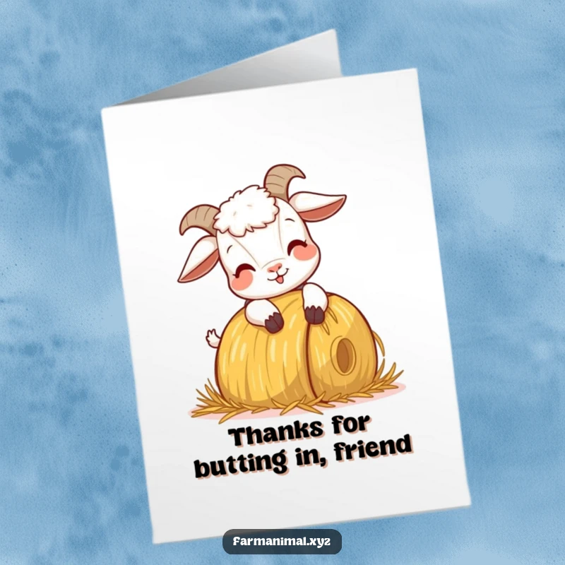 Funny Free Printable Thank You Card: A goat playfully headbutting a hay bale to express sincere thanks.
