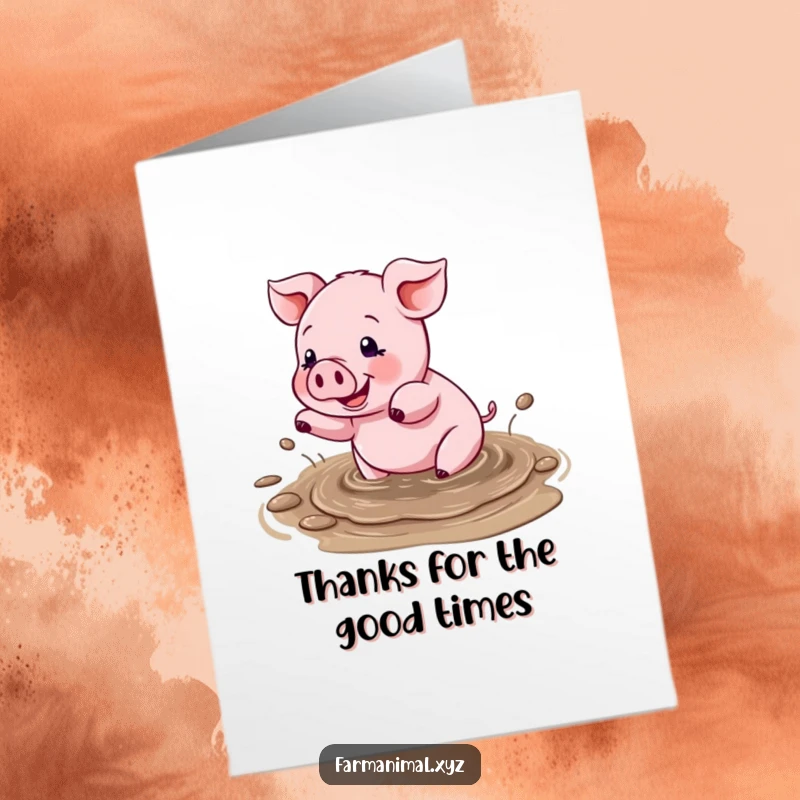Funny Free Printable Thank You Card illustrating a happy pig splashing in mud, conveying heartfelt thanks with glee.