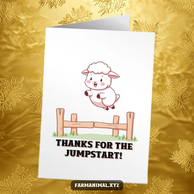 Funny Free Printable Thank You Card: A sheep playfully jumping over a fence, a whimsical way to express thanks.