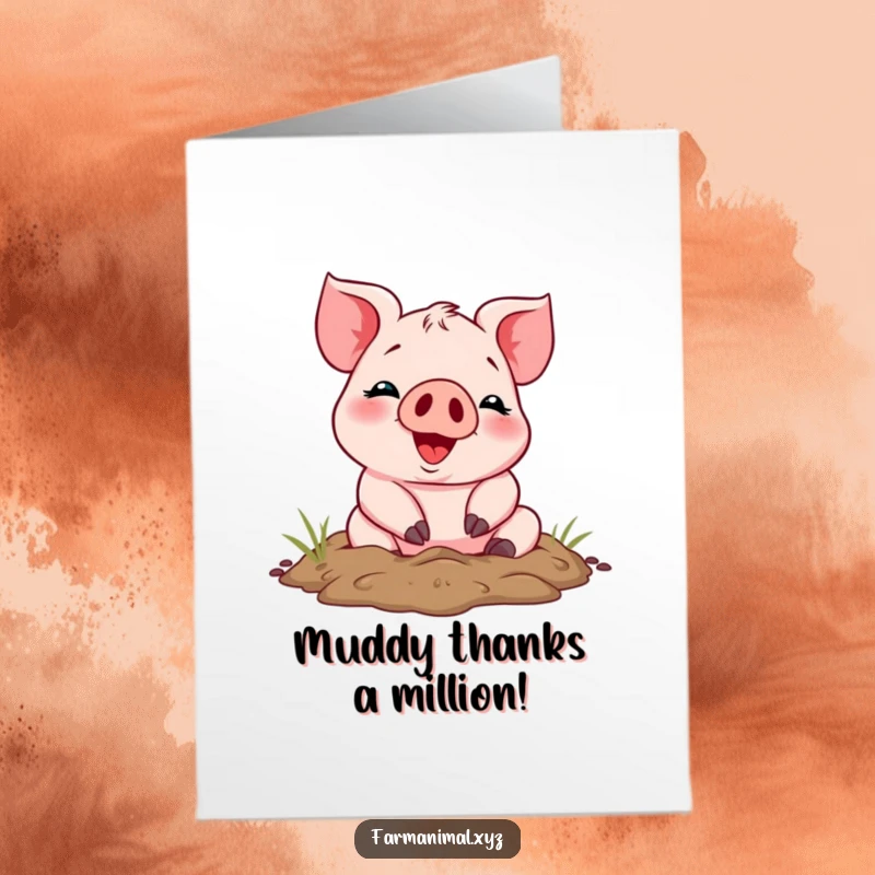 Funny Free Printable Thank You Card: Cheerful piglet smiles gleefully while covered in mud, expressing thanks.