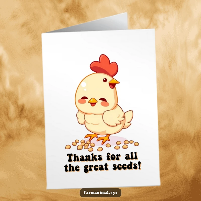 Funny Free Printable Thank You Card: A chicken happily pecks at seeds, conveying cheerful gratitude.